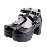 Black Synthetic Leather Round Toe Cross Straps Platform Lolita Shoes